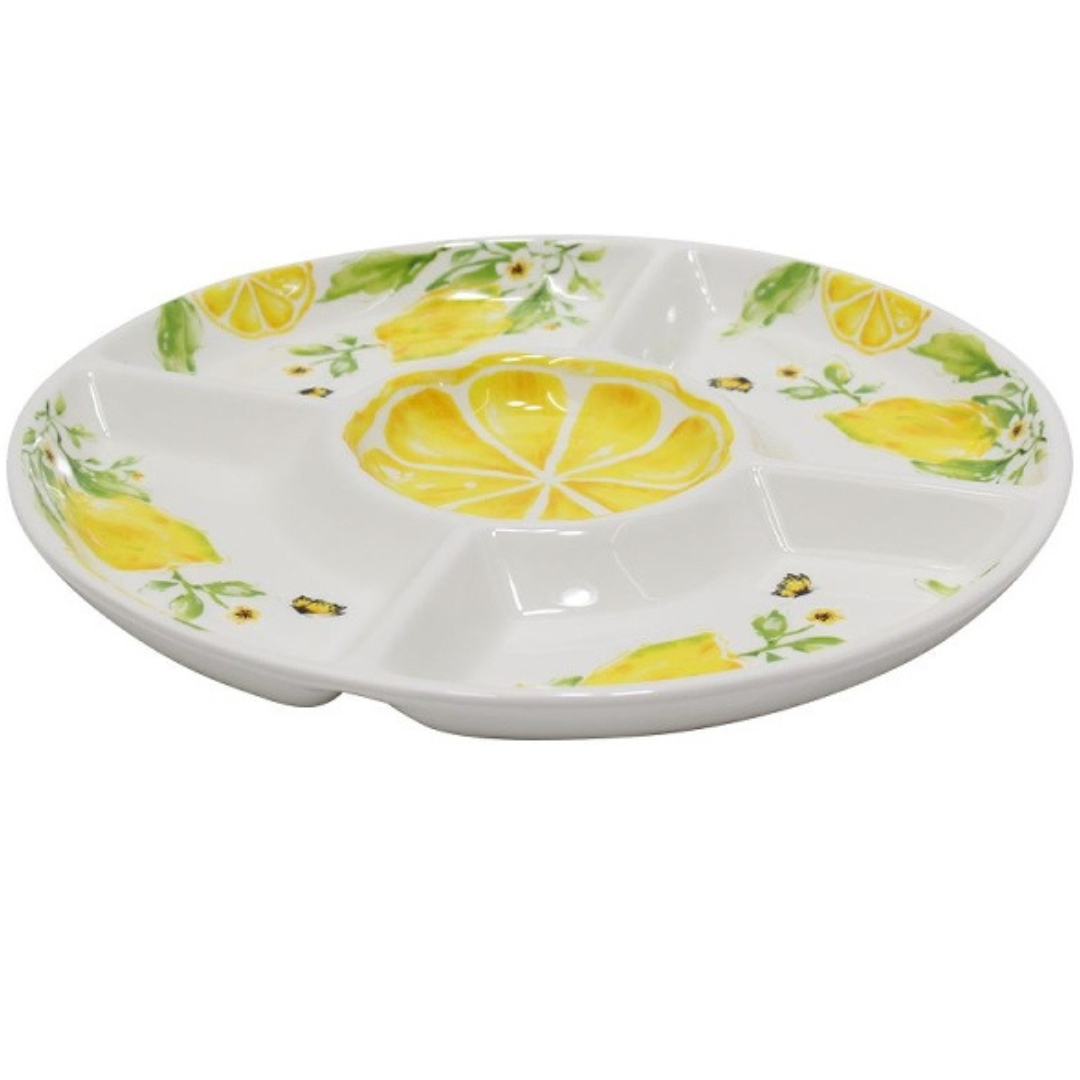 Servierplatte Chip & Dip aus Keramik mit Zitronenmotiv – Servierplatte mit Glasur ca. 38,2 × 38,2 cm