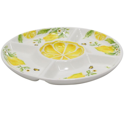 Servierplatte Chip & Dip aus Keramik mit Zitronenmotiv – Servierplatte mit Glasur ca. 38,2 × 38,2 cm