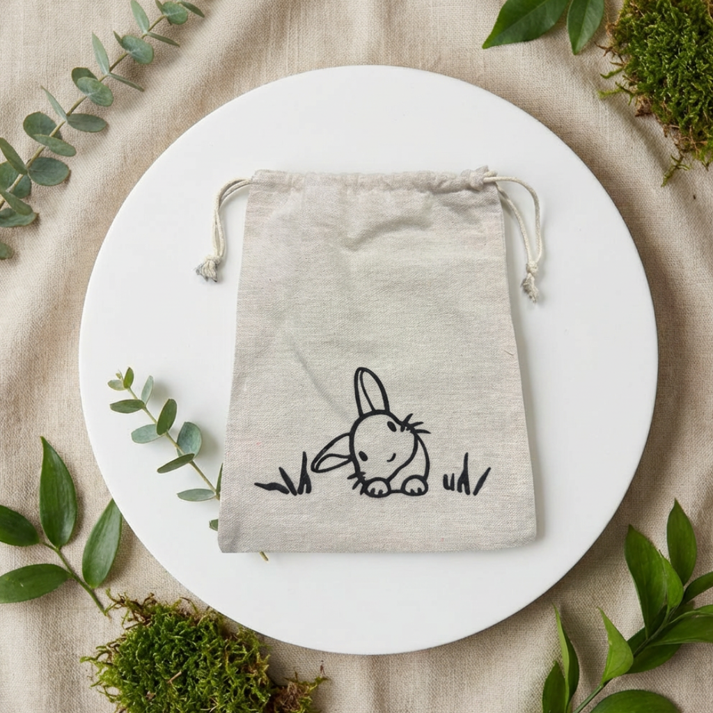 Leinenbeutel mit Hasenmotiv – Stofftasche Natur, ca. 25 × 19 cm