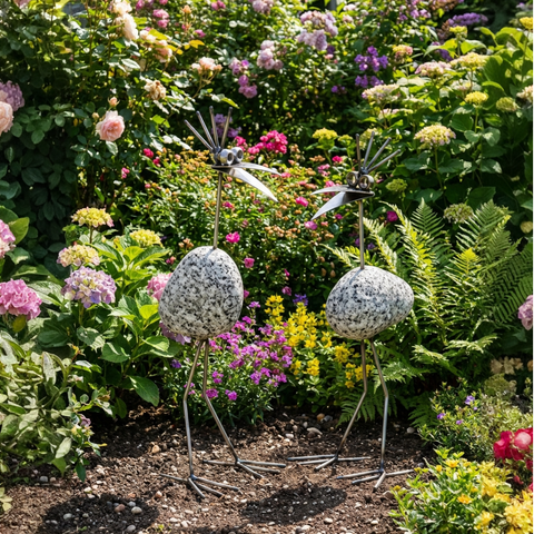 Steinvogel aus Granit & Edelstahl – Gartendeko Vogel ca. 22 cm, Kamm nach hinten oder quer wählbar
