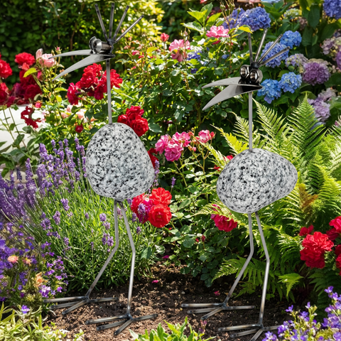 Steinvogel aus Granit & Edelstahl – Gartendeko Vogel ca. 22 cm, Kamm nach hinten oder quer wählbar