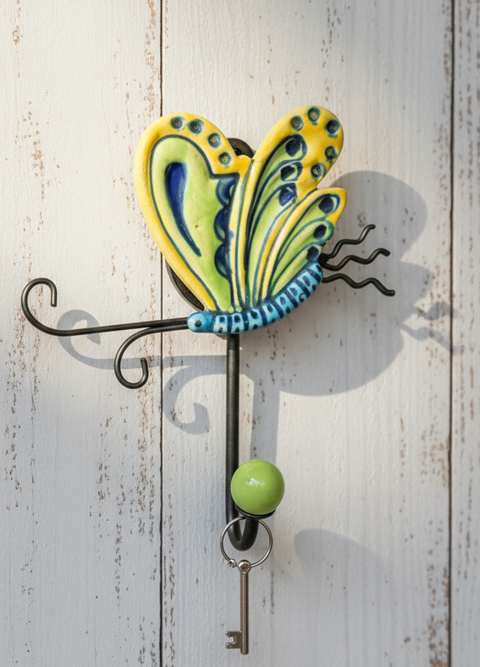 Schmetterling Wandhaken aus Keramik & Metall – Dekorativer Haken in gelb, blau und grün für Küche, Bad & Flur