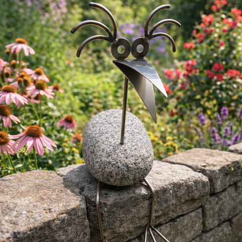 Steinvogel Kantenhocker aus Granit und Edelstahl Naturstein Deko