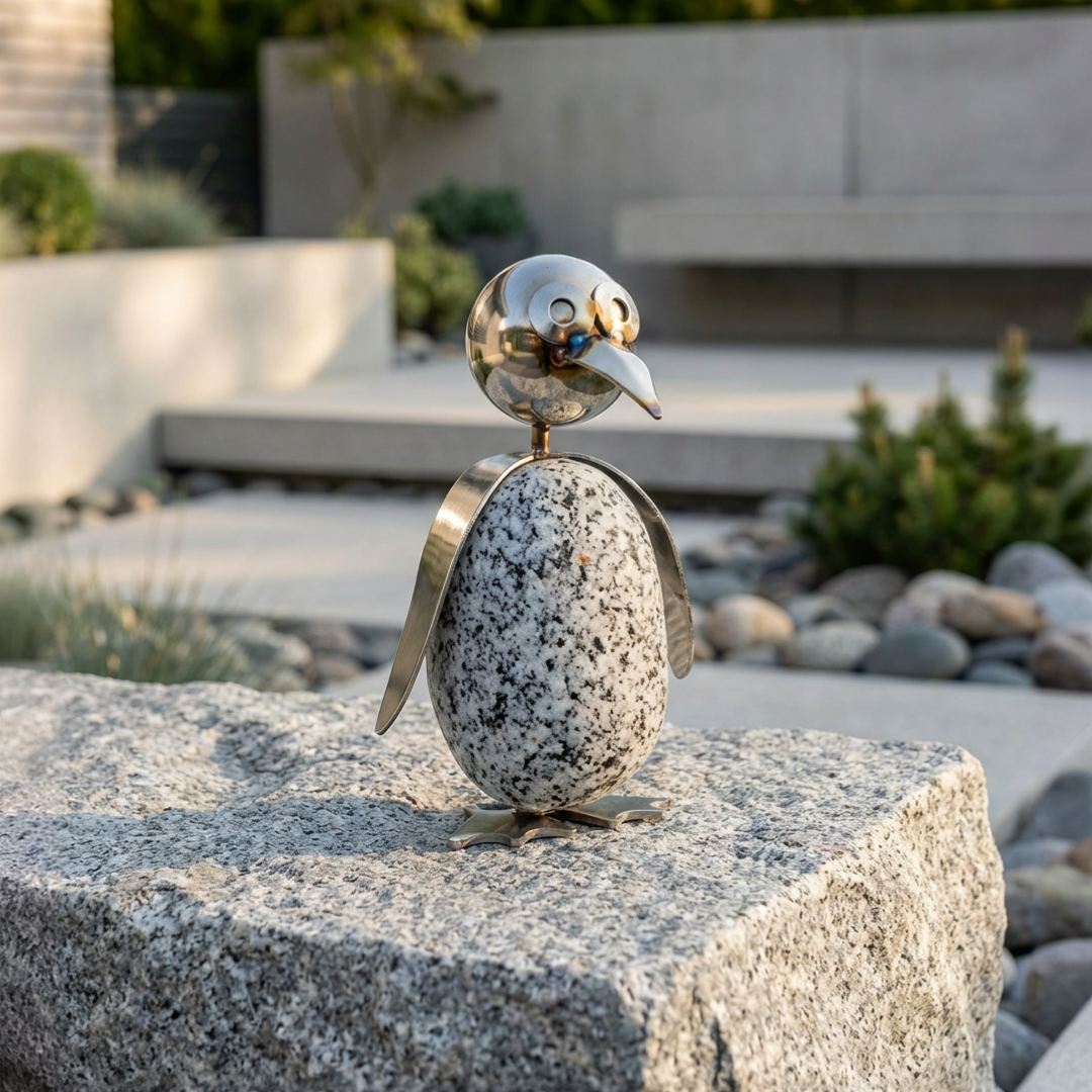 Pinguin Gartendeko aus Granit & Edelstahl ca. 15 cm handgefertigt mit Wackelkopf