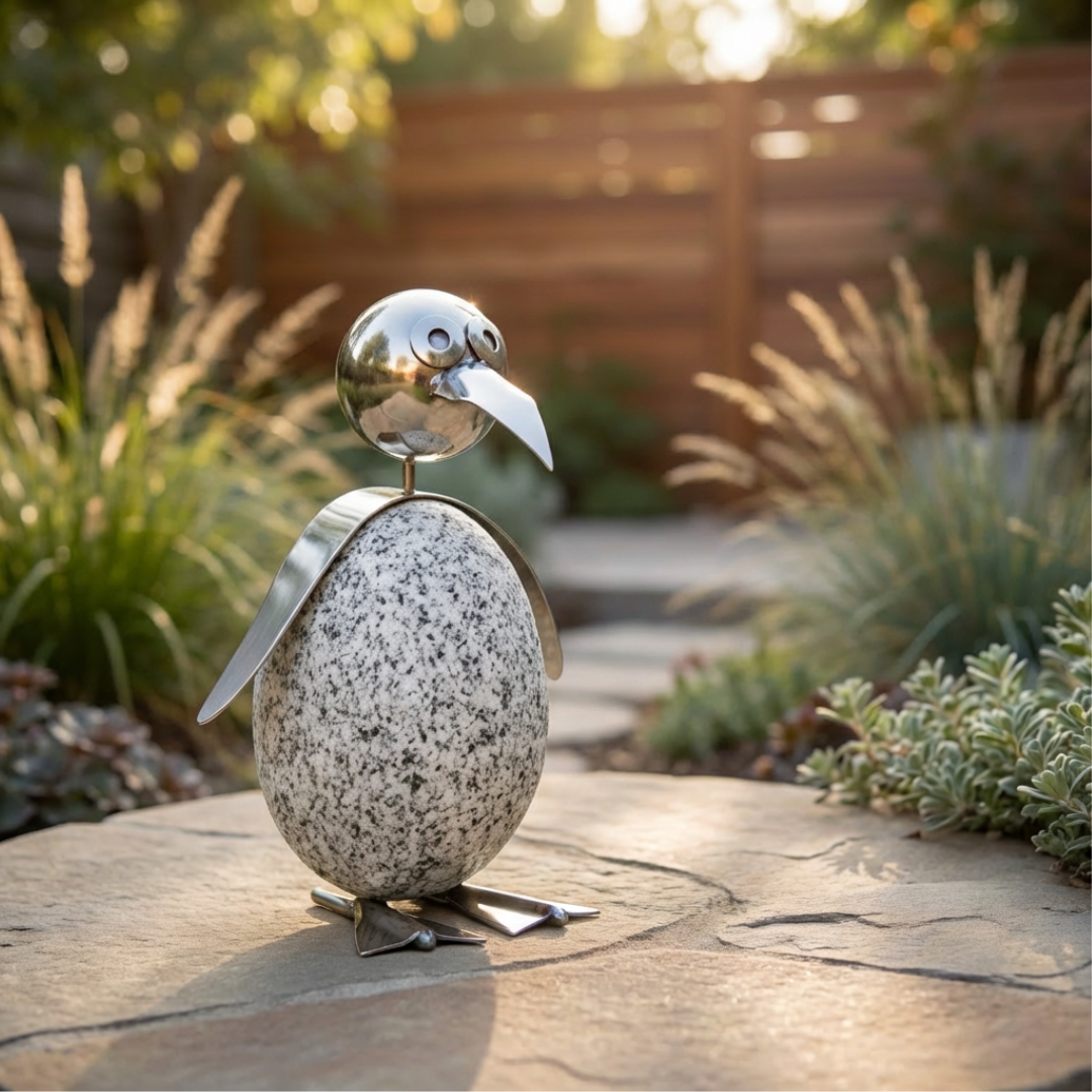 Pinguin Gartendeko aus Granit & Edelstahl 20 cm handgefertigt mit Wackelkopf