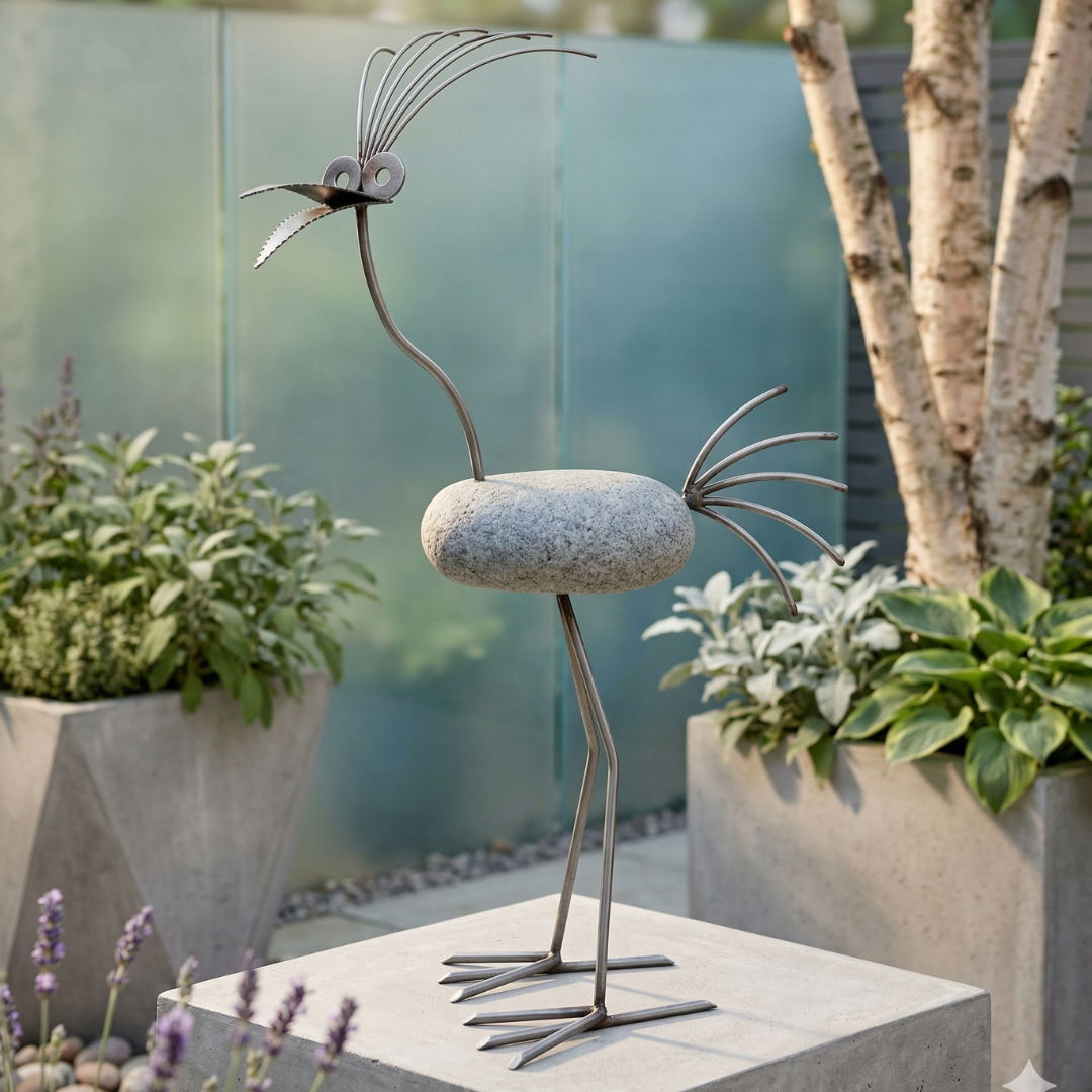 Steinvogel aus Granit und Edelstahl ca. 80 cm Gartendeko