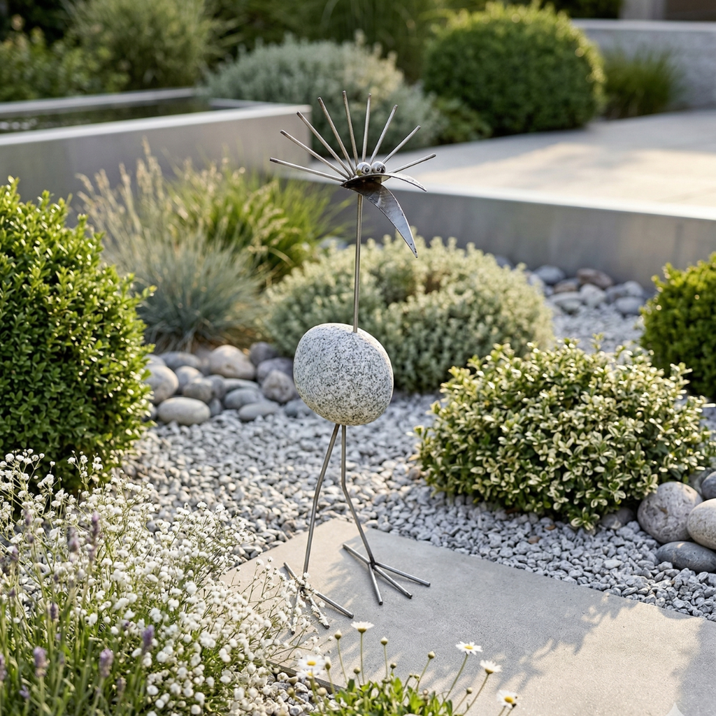 Steinvogel aus Granit und Edelstahl ca. 65 cm – Design Gartendeko