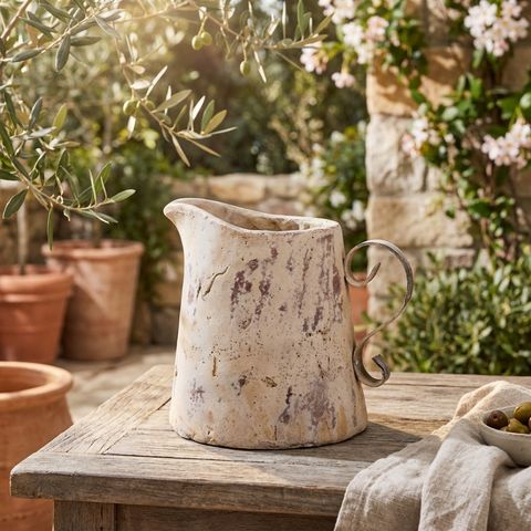 Dekokanne Valo Creme aus Terrakotta – Vintage Gartendeko & Wohnaccessoire, 23 cm