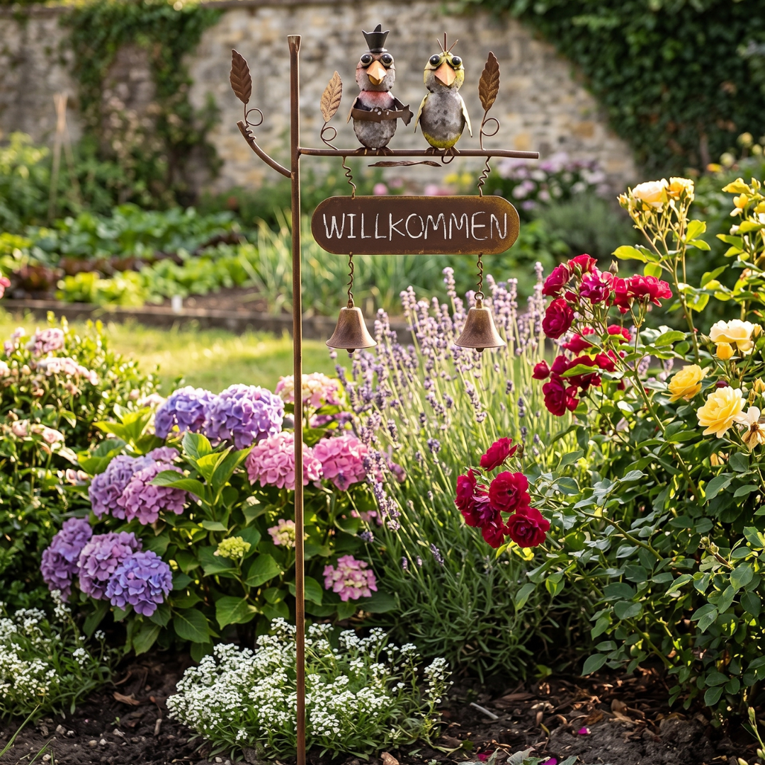 Gartenstecker Willkommen aus Metall – Vogel Deko für den Garten