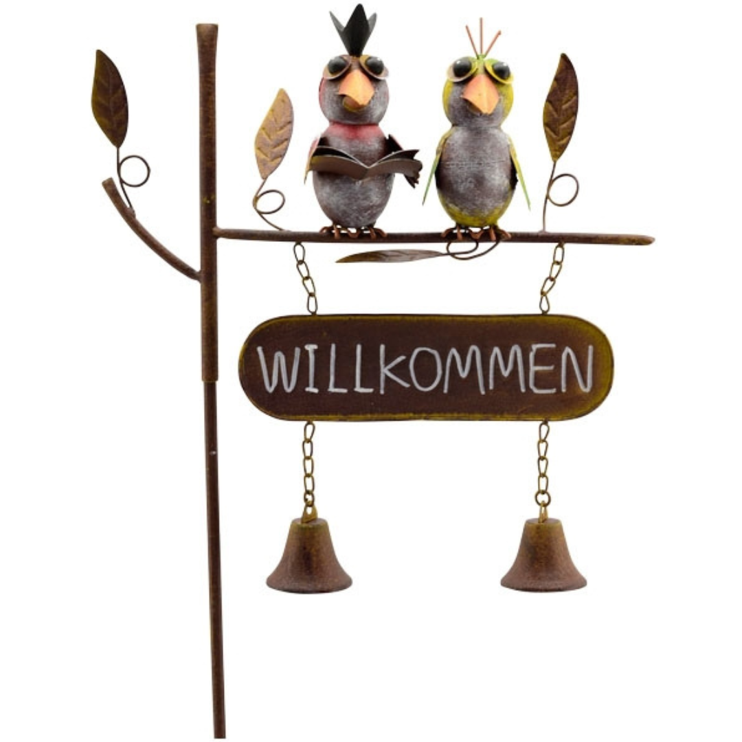 Gartenstecker Willkommen aus Metall – Vogel Deko für den Garten