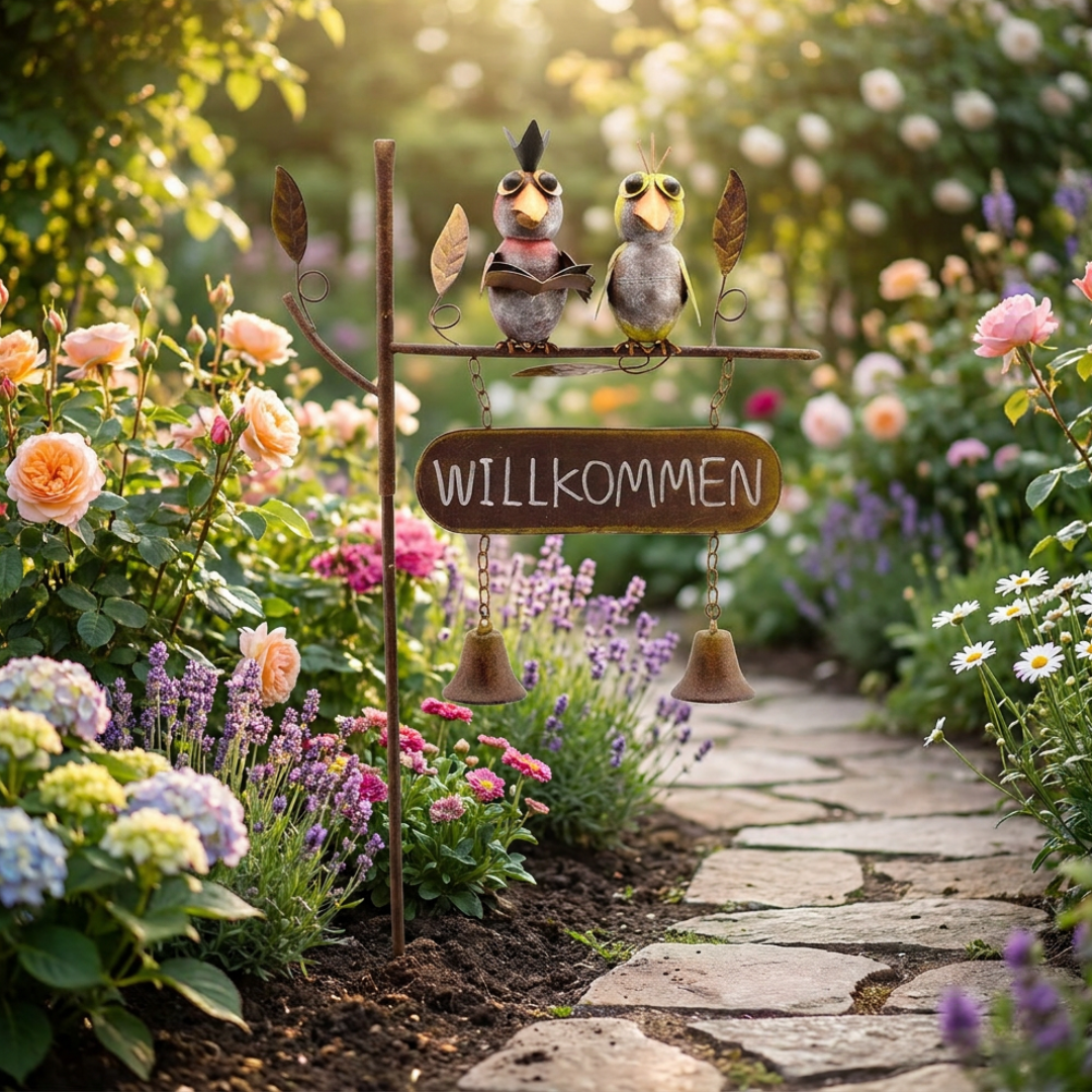 Gartenstecker Willkommen aus Metall – Vogel Deko für den Garten