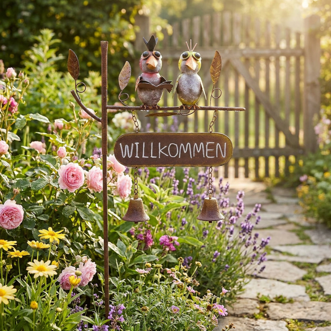 Gartenstecker Willkommen aus Metall – Vogel Deko für den Garten