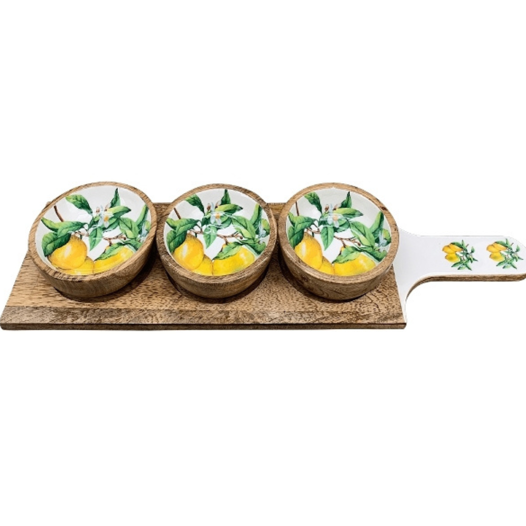 Holztablett Citron mit 3 Schalen – Zitronen Deko für Küche & Terrasse