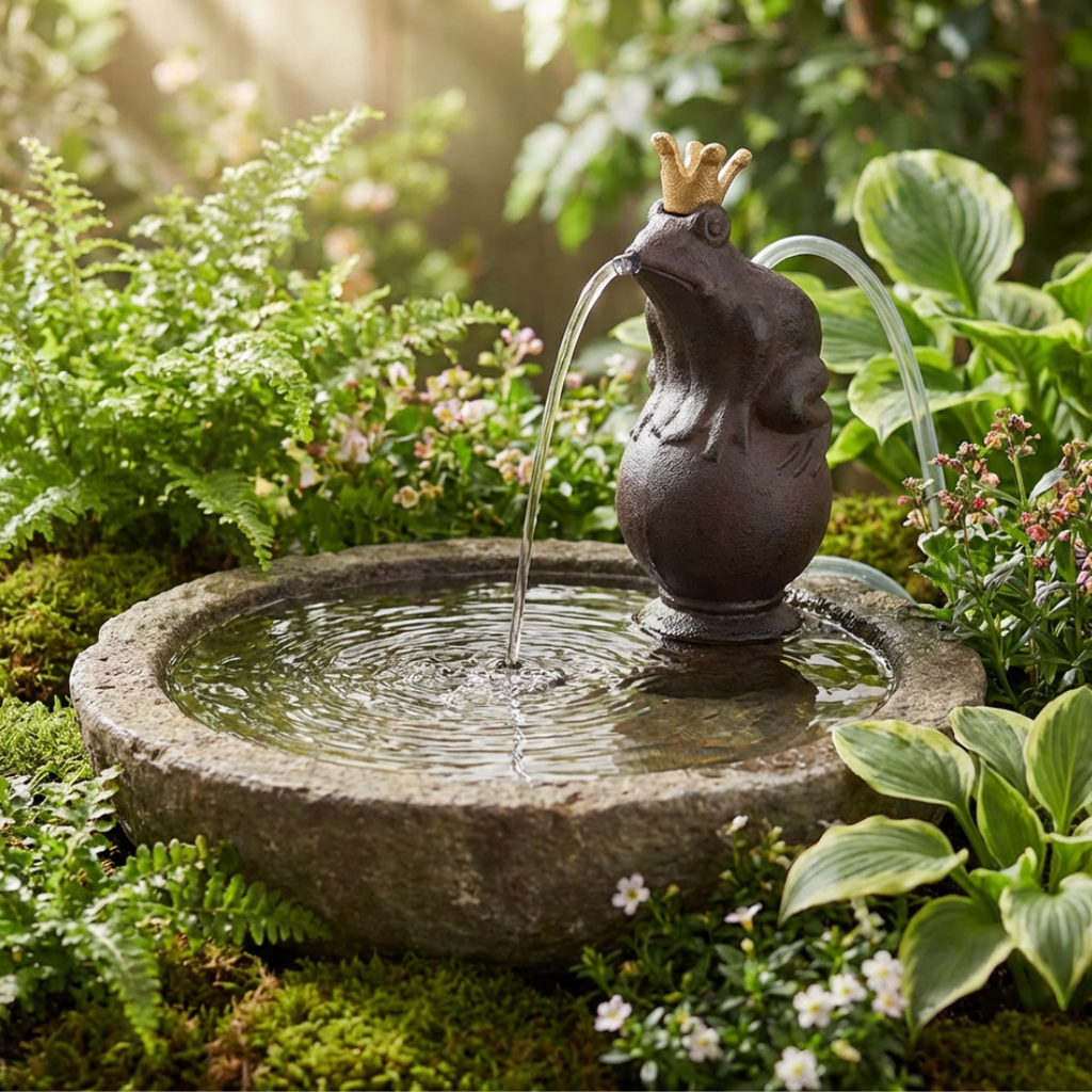 Wasserspeier Froschkönig mit Pumpe aus Gusseisen – Brunnen Deko für Garten & Teich