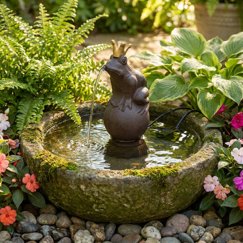 Wasserspeier Froschkönig mit Pumpe aus Gusseisen – Brunnen Deko für Garten & Teich