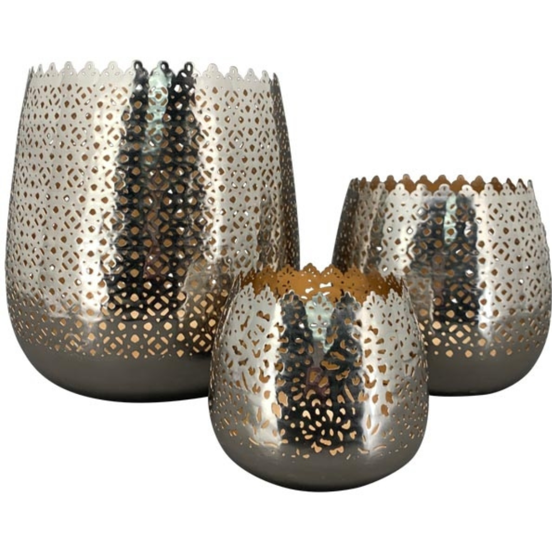 Windlicht Set Aurum 3er silber aus Metall –  für Garten & Zuhause