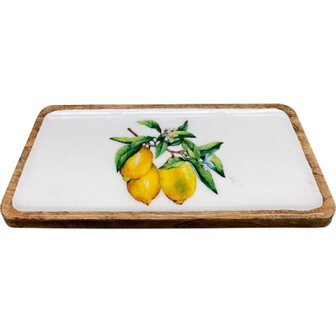 Servierplatte „Zitrone“ aus Holz mit glasierter Auflage, Sommertrend Tablett, ca. 31 × 15 x 2 cm