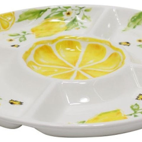 Servierplatte Chip & Dip aus Keramik mit Zitronenmotiv – Servierplatte mit Glasur ca. 38,2 × 38,2 cm