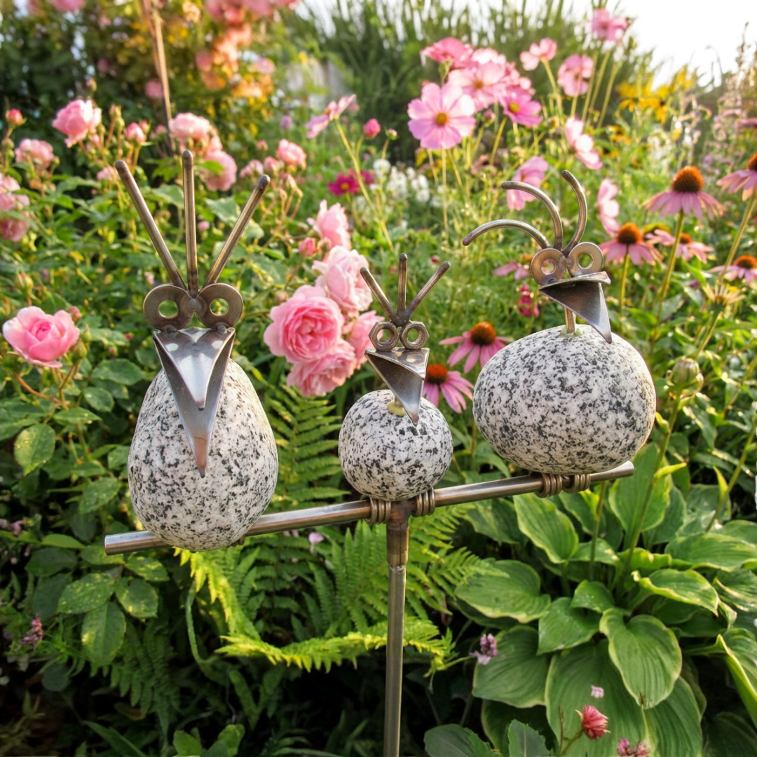 Gartenstecker Steinvögel aus Granit und Edelstahl Höhe 110 cm zur Wahl 1-6 Vögel