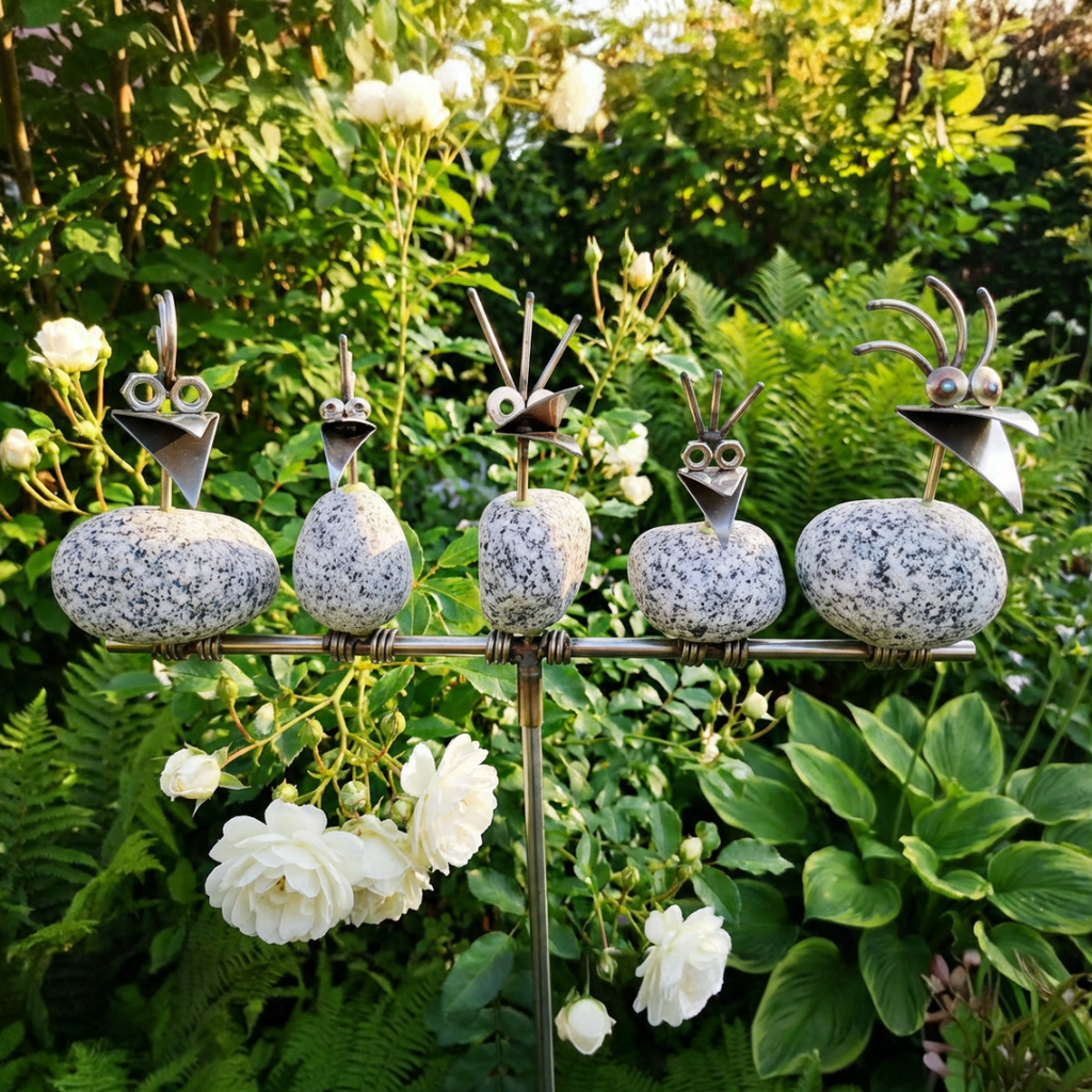 Gartenstecker Steinvögel aus Granit und Edelstahl Höhe 110 cm zur Wahl 1-6 Vögel