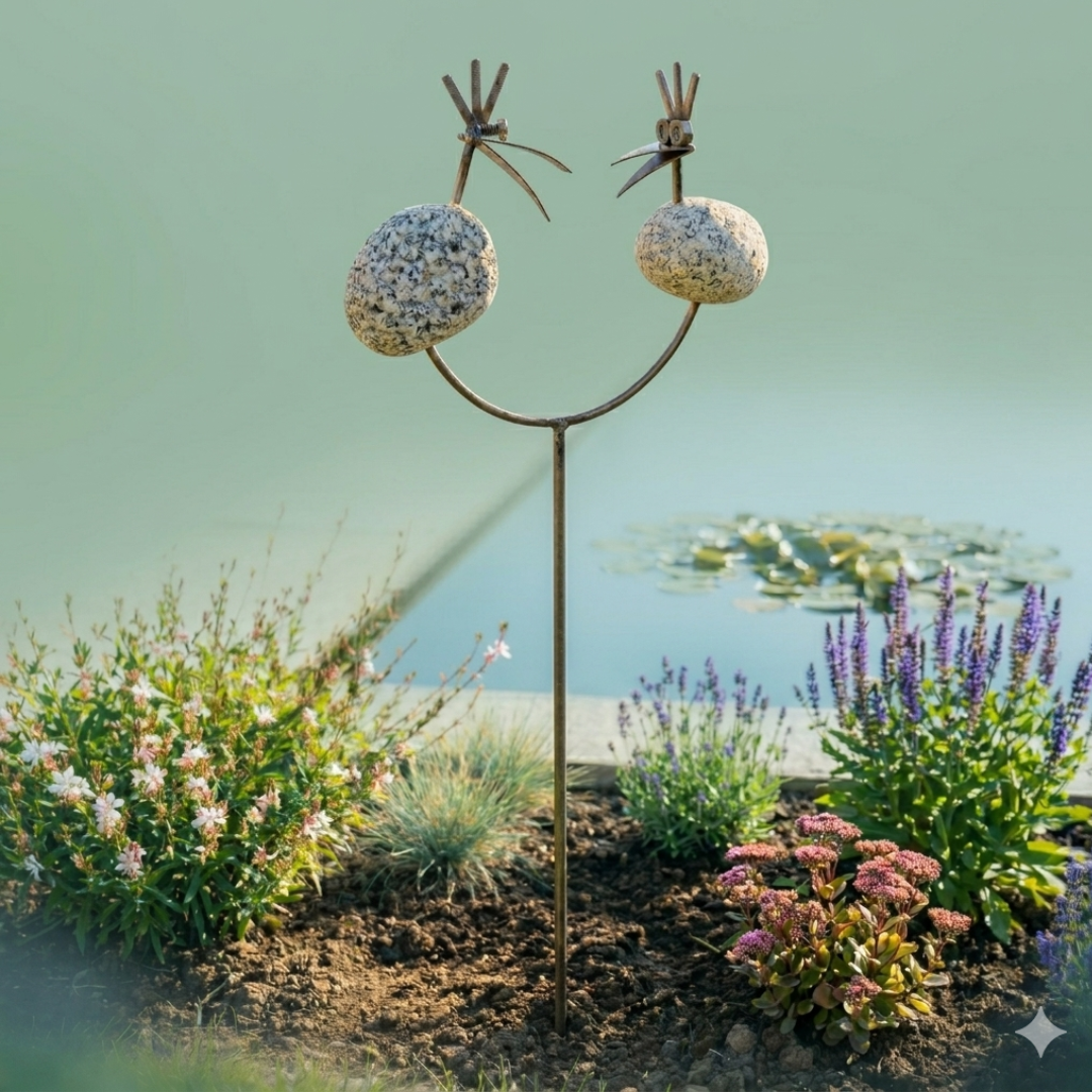 Gartenstecker Steinvogel Pärchen aus Granit und Edelstahl 85 cm wetterfest