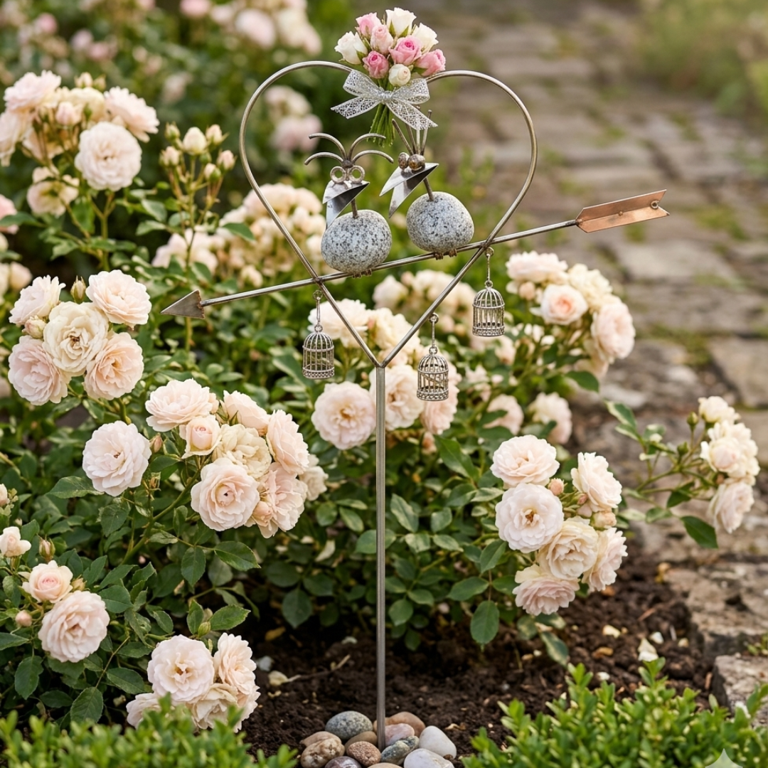 Gartenstecker Steinvogel Pärchen Herz 140 cm wetterfest