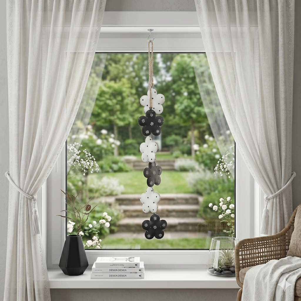 Blumenkette aus Metall in Weiß & Schwarz – moderne Fenster- & Wanddekoration