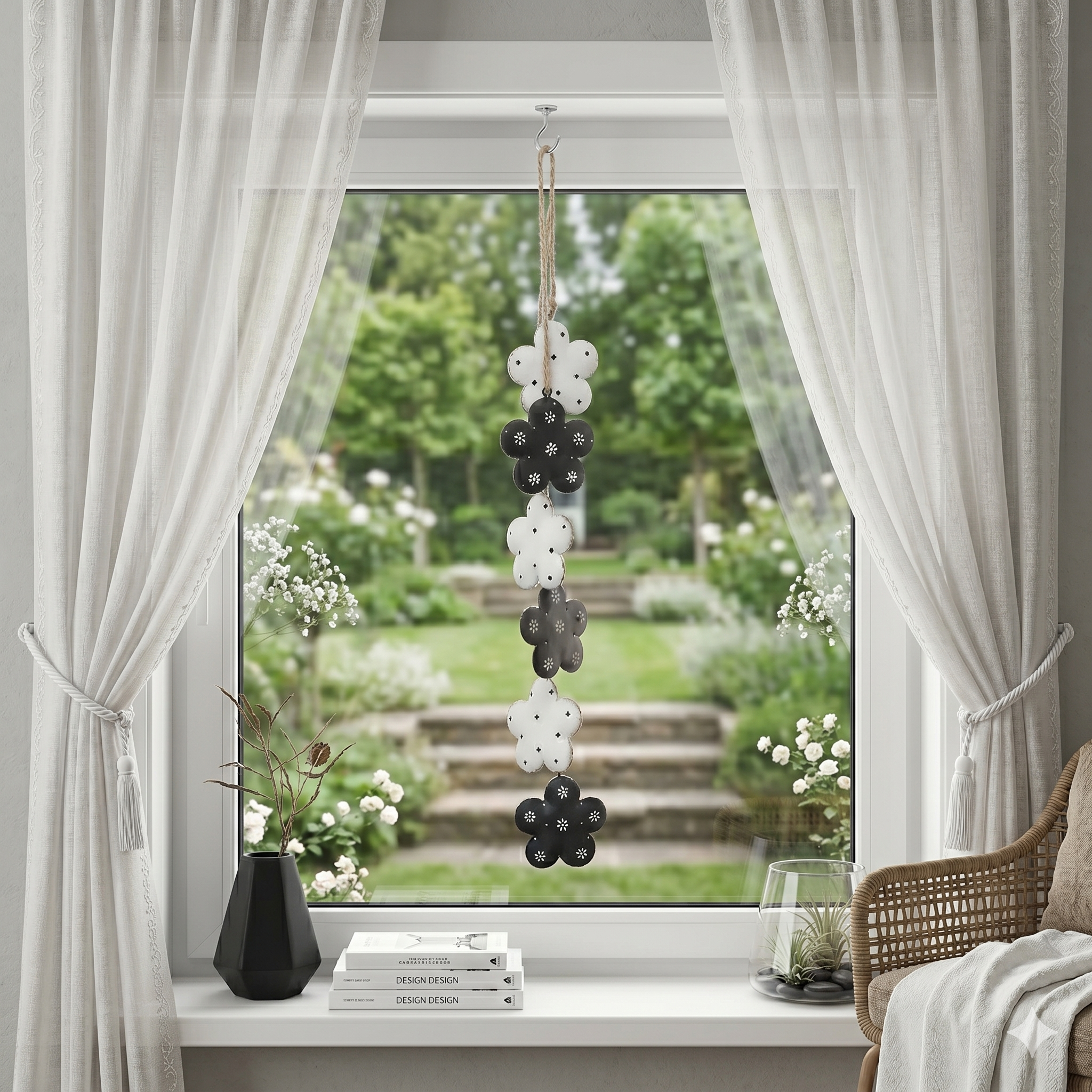 Blumenkette aus Metall in Weiß & Schwarz – moderne Fenster- & Wanddekoration