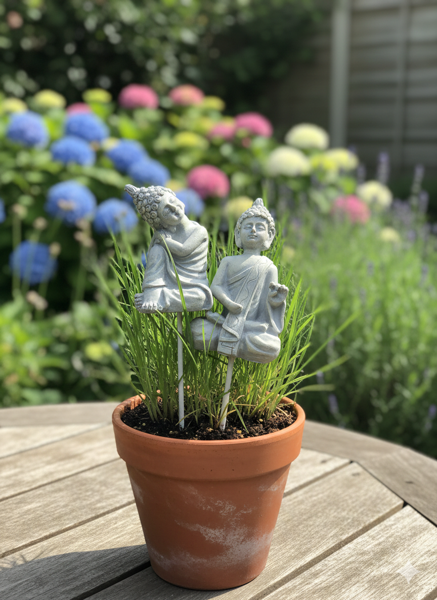 Buddha Gartenstecker 2er Set – Meditationsfigur Stecker für Garten, Blumentopf & Grab | Dekorative Zen Gartendeko