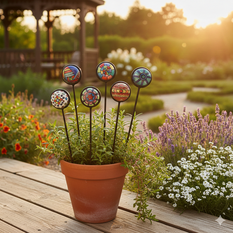 Pflanzstecker Keramik rund – Flower Power Gartenstecker bunt 25 cm