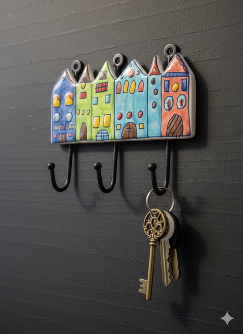 Häuserhaken Leiste aus handbemalter Keramik – Bunte Schlüsselleiste & Wandgarderobe zum Schrauben oder Kleben