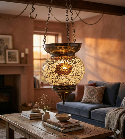 Mosaik Hängelampe Silber 52 cm – Orientalisches Windlicht für Teelicht