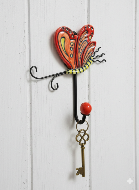 Schmetterling Wandhaken aus Keramik & Metall – Dekorativer Haken in rot und gelb für Küche, Bad & Flur