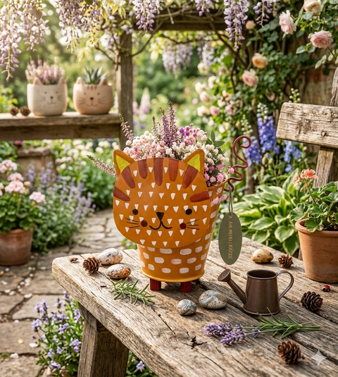 Blumenübertopf Katze aus Metall – Orange Pflanzgefäß 16 cm für Garten & Balkon