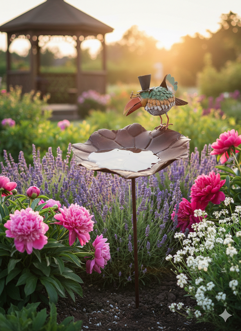 Gartenstecker Vogeltränke Metall ca. 135 cm mit Deko Vogel zur Wahl