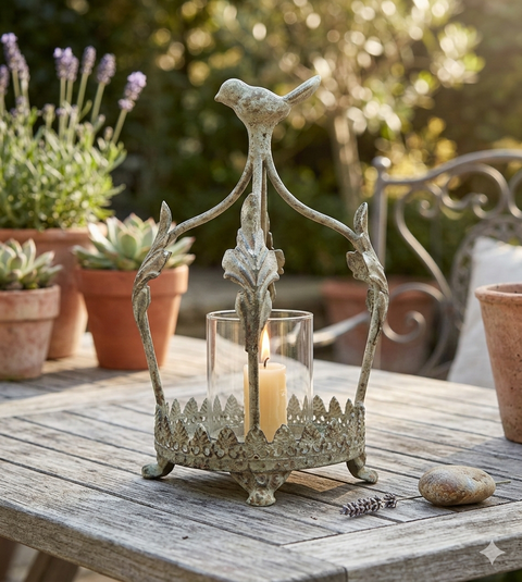 Landhaus Windlicht Krone aus Metall mit Glas – Gartendeko 22,5 cm