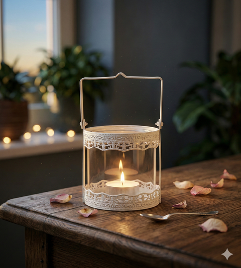 Shabby Chic Laterne 13,5 cm – Weiß mit Glaseinsatz & Metallspitze