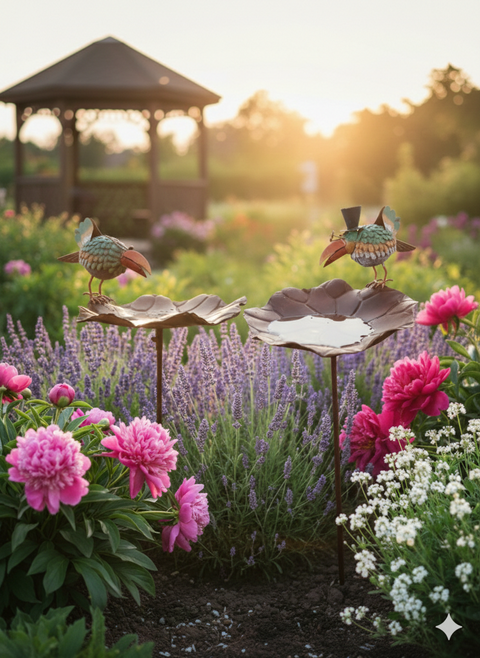 Gartenstecker Vogeltränke Metall ca. 135 cm mit Deko Vogel zur Wahl