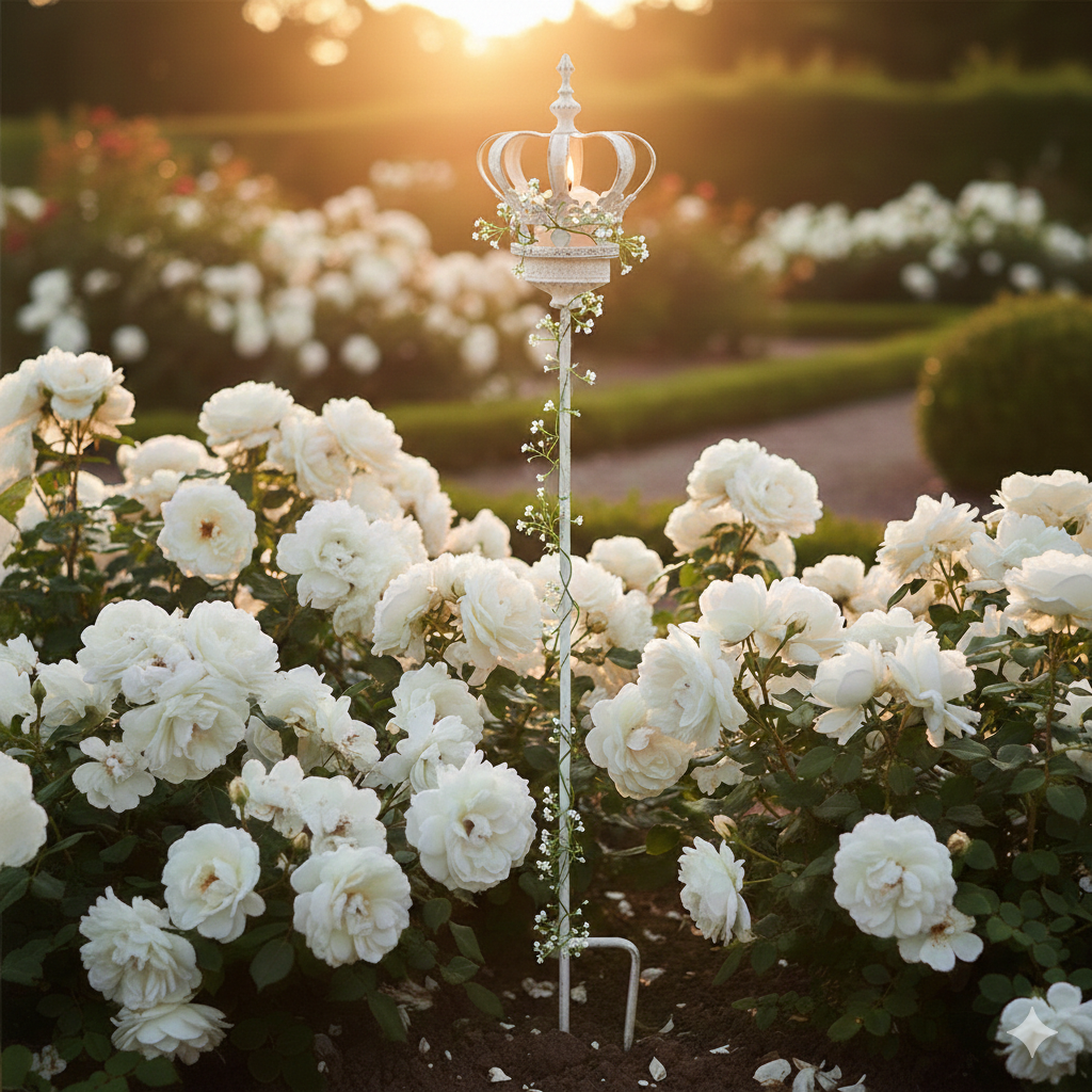 Gartenstecker Krone Weiß – Metall Shabby-Stil ca. 110 cm