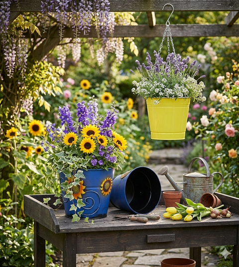 Blumenübertopf aus Metall blau mit Sonnenblumen ca. 11cm hoch Handarbeit