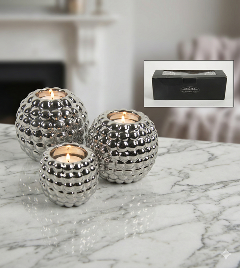 Teelichthalter 3er Set Keramik Silber – Wabendesign