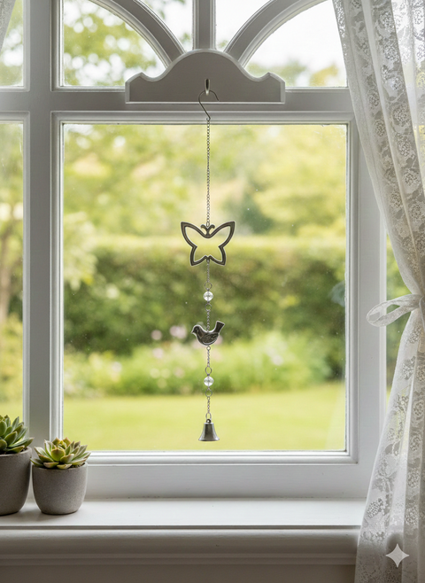 Fensterdeko Metallkette 60 cm mit Schmetterling, Vogel & Glocke