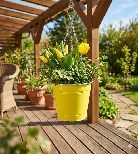 Blumenhänger aus Metall Gelb – 37 cm Deko Hängeblumentopf für Garten & Balkon