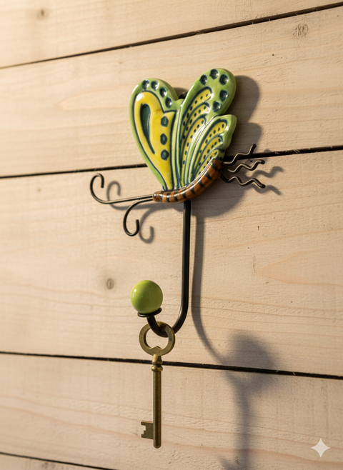 Schmetterling Wandhaken aus Keramik & Metall – Dekorativer Haken in grün und braun für Küche, Bad & Flur
