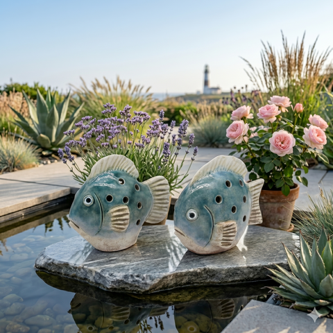 Deko Fisch Ocean 2er Set aus Keramik – maritime Gartendeko & Wohnaccessoire