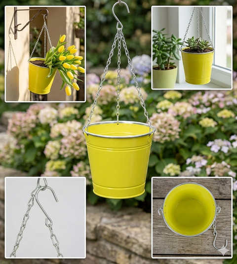 Blumenhänger aus Metall Gelb – 37 cm Deko Hängeblumentopf für Garten & Balkon