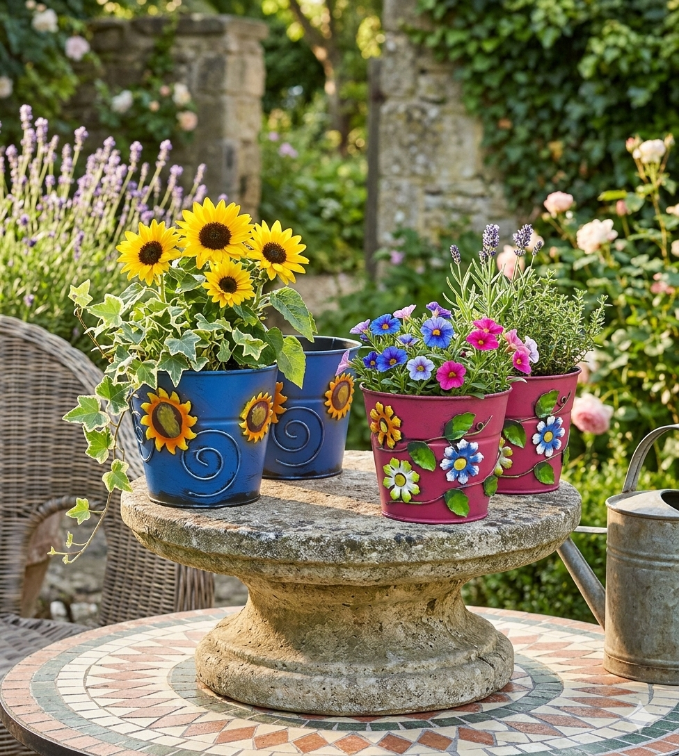 Blumenübertopf aus Metall rosa mit Blumen ca. 11 cm hoch Handarbeit
