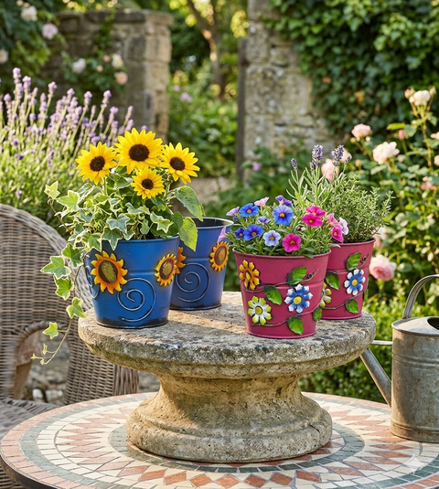 Blumenübertopf aus Metall rosa mit Blumen ca. 11 cm hoch Handarbeit