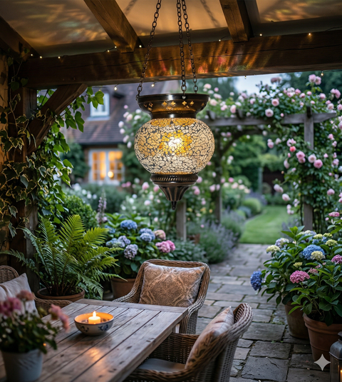 Mosaik Hängelampe Silber 52 cm – Orientalisches Windlicht für Teelicht