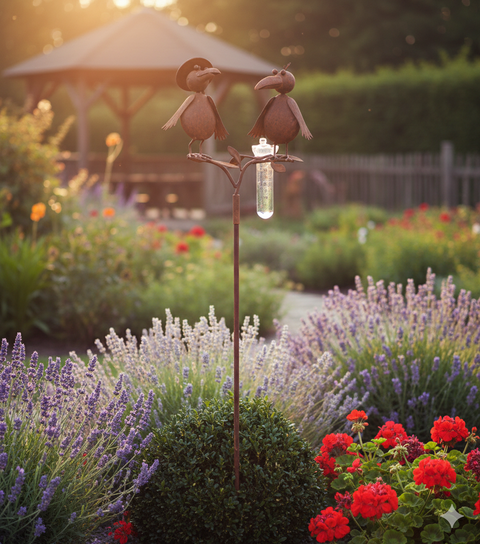 Regenmesser Garten aus Metall – Gartendeko mit 2 Vögeln Höhe ca. 127 cm